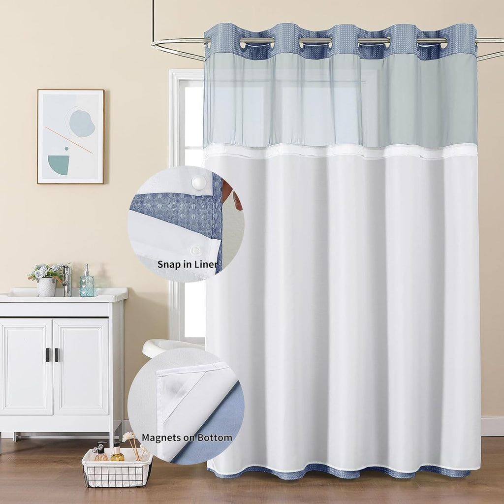 Skiennix No Hook Shower Curtain - Heavy Duty Waffle Weave with Snap-in Liner | Waterproof 72 x 75 Inch, Moonlight Blue