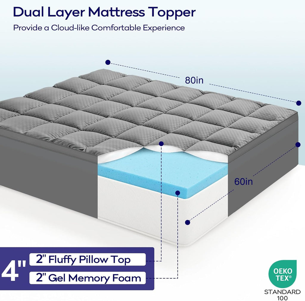 OLANLY Memory Foam Mattress Topper - Dual-Layer 4 Inch Queen Size for Back Pain Relief | Cooling Pillow Top, Grey