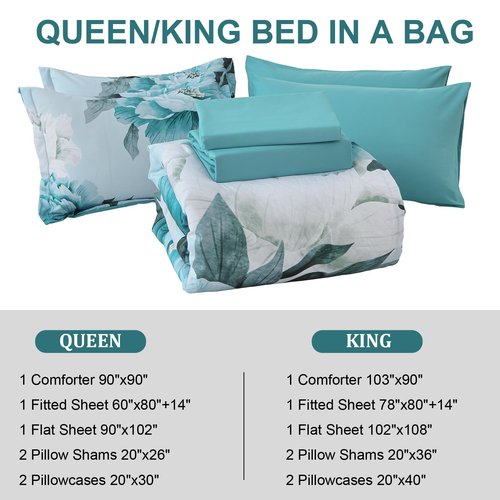 Dobuyly Floral Comforter Set Queen Size 7 Piece Bed in a Bag, Aqua Flowers Printed on Light Blue Comforter Set with Sheets, Soft Polyester Botanical Complete Bedding Set for All Season