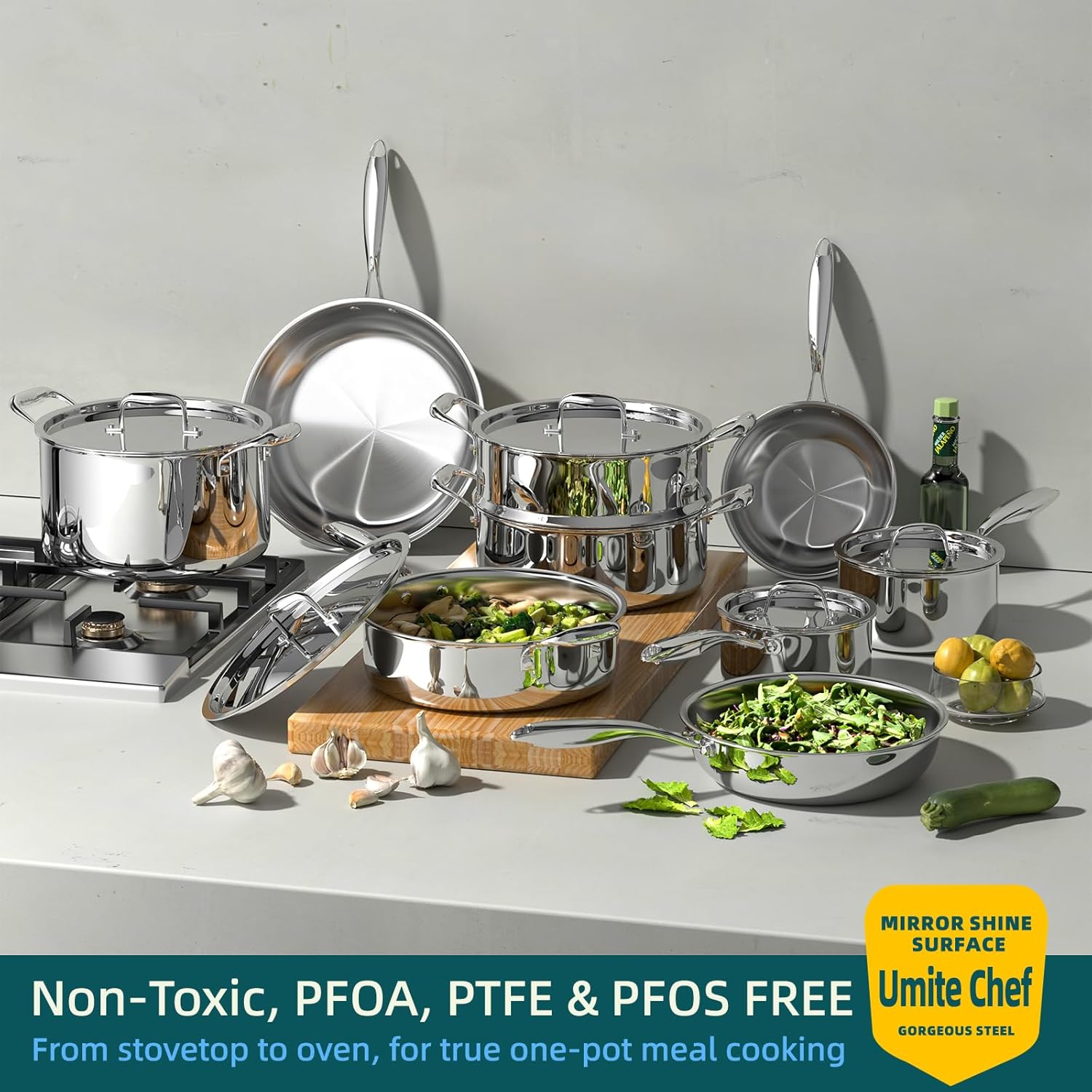 Umite Chef Stainless Steel Cookware Set - 14 Piece Induction-Ready, Heavy-Duty & Oven Safe | Professional Quality, PFOA-Free