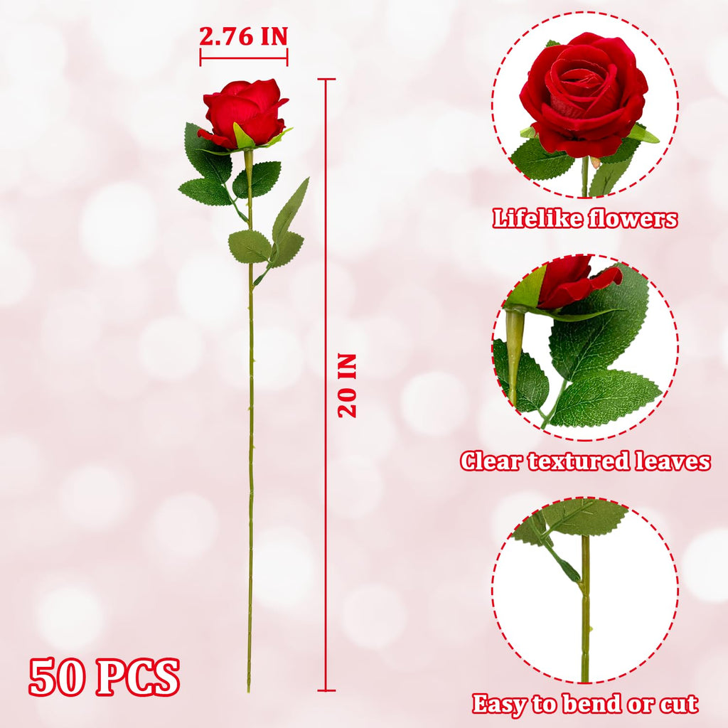 Wondrus Bulk Artificial Flowers 50 PCS, Fake Velvet Silk Red Roses with Long Stems Realistic Bouquet for Wedding Centerpieces, Faux Arrangement for Home Table Decor