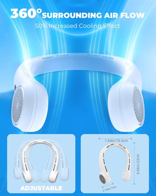 Hssio Neck Fan with 4000mAh Rechargeable Battery & LED Display, Portable Personal Cooler for Women/Men, 3-Speed Bladeless 360° Cooling Fans, Stylish Gift for Gym/Travel/Office, White