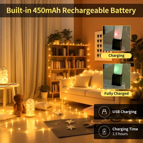 Bsgifts Rechargeable Fairy Lights Battery Operated, 33ft 100 LEDs String Lights with Remote, Waterproof, Mini Twinkle Lights for Bedroom, Christmas, Wedding, Indooor Outdoor Decor, Warm White