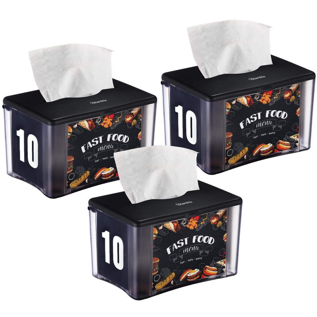 Stardrix 3-Pack Interfold Tabletop Napkin Holder, Spring Loaded Commercial Restaurant Napkin Dispenser with 4-Sided Marketing Insert Display, Easy-Access Black Napkin Dispenser for Counters & Tables