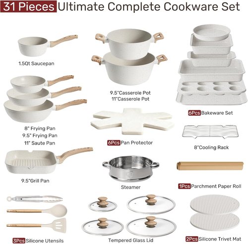 Kikcoin Nonstick Pots and Pans Set - 31 Piece Kitchen Cookware Set with Grill Pan & Utensils | Cream White