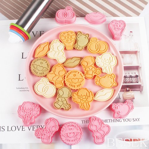 BESEK Valentine's Day Cookie Cutters: With Plunger Stamps Set, 8pcs 3D Embossing Cutters For Biscuit Fondant Cheese Baking Molds