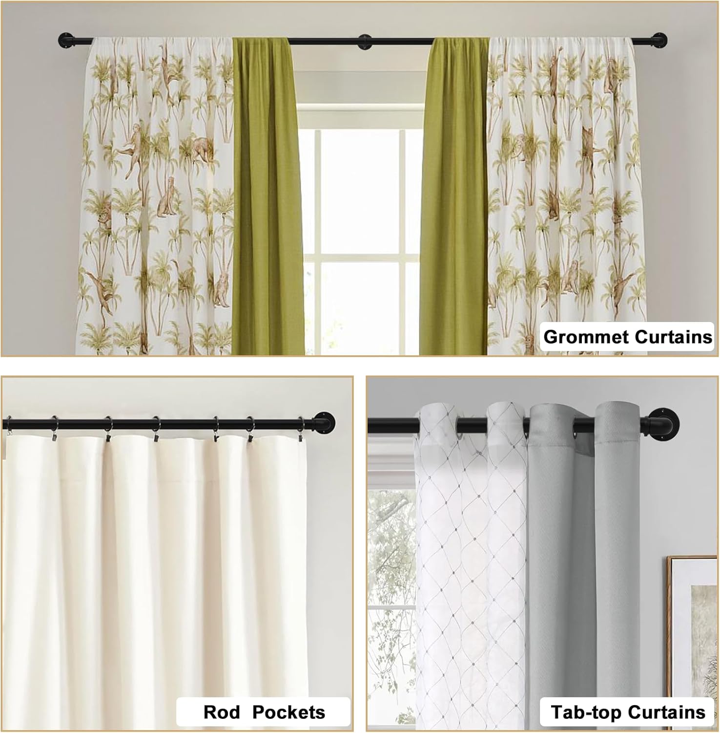 Skiennix Black Curtain Rods - Adjustable 18 to 88 Inch Length | Industrial Style, 1 Inch Diameter