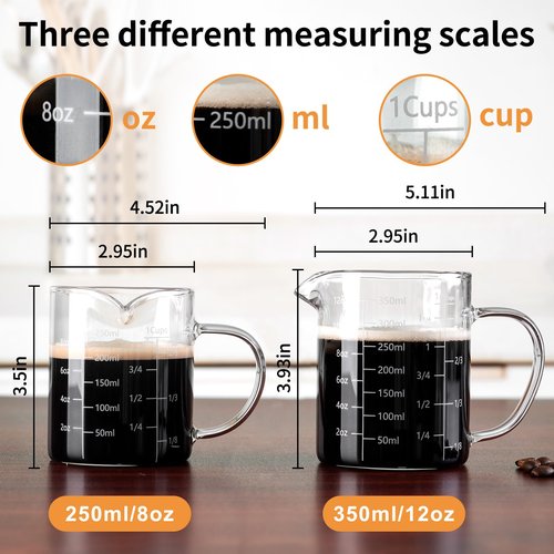 FrutPunch Glass Measuring Cup, Two-Pack (8OZ, 12OZ) with V-Shaped Mouth, Liquid Measuring Cups, Coffee Glass Measuring Cup with Handle, Suitable for Kitchen and Restaurant.