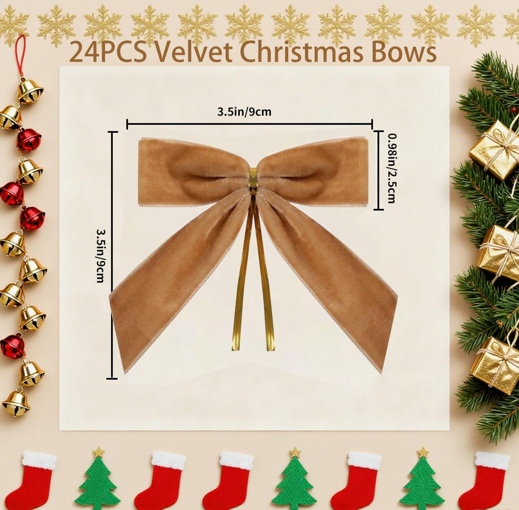 Skiennix 24 Pcs Small Brown Velvet Bows - 3.5 Inch Khaki Ornaments for Valentine's Day & DIY Crafts
