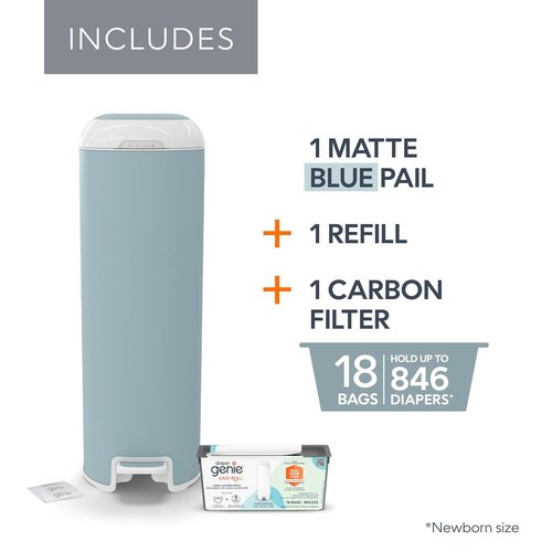 Diaper Genie Platinum Pail - Durable Stainless Steel | Glacial Blue with 1 Easy Roll Refill & 18 Bags