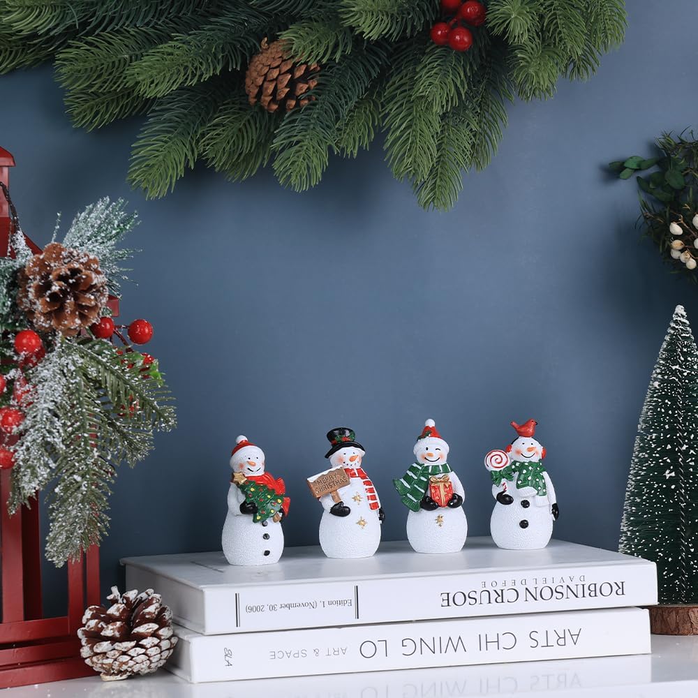 MEETYAMOR Christmas Snowman Ornaments - 4 PCS Rustic Resin Figurines for Indoor Decor | Farmhouse Style