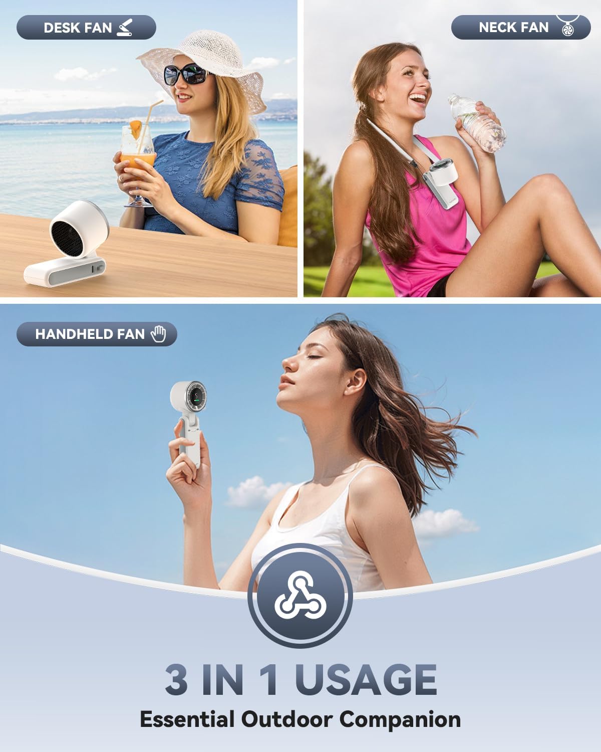 PlayHot Portable Handheld Turbo Fan - 5-Speed Wind, Battery Operated, 12-Hour Runtime | 3-in-1 Cooling Fan (White)