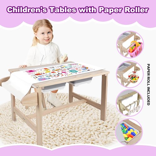 QEKMSY Kids Sensory Bins Table with 2 Stool, Multifunctional Children Interactive Activity Wooden Table Set for 1-3 Years, Drawing Table Play Sand & Water with Storage Bins Lid