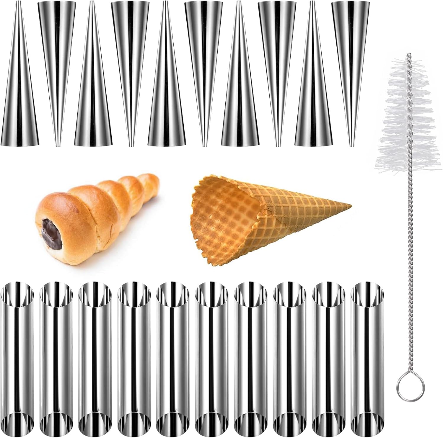 Skiennix 21-Piece Cream Horn Mold Kit - Non-Stick Stainless Steel Baking Tools with Cleaning Brush