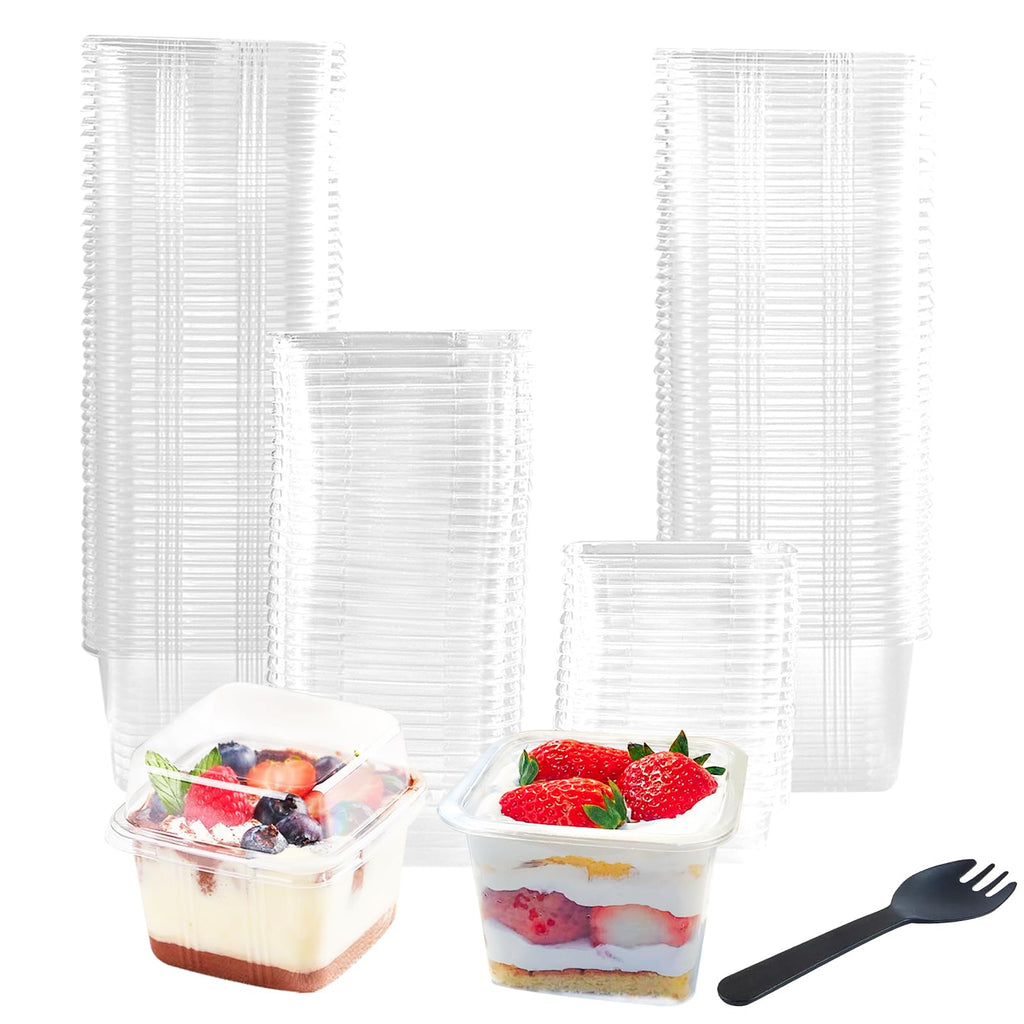 100 Pack 8OZ Plastic 50Pcs Square Dessert Cups with Lids and 50Pcs Spoons,Square Ice Cream Container with Forks, Disposable Parfait Cups for Mousse Cupcake Pudding Snacks Yogurt Parfait Fruits（50Sets）