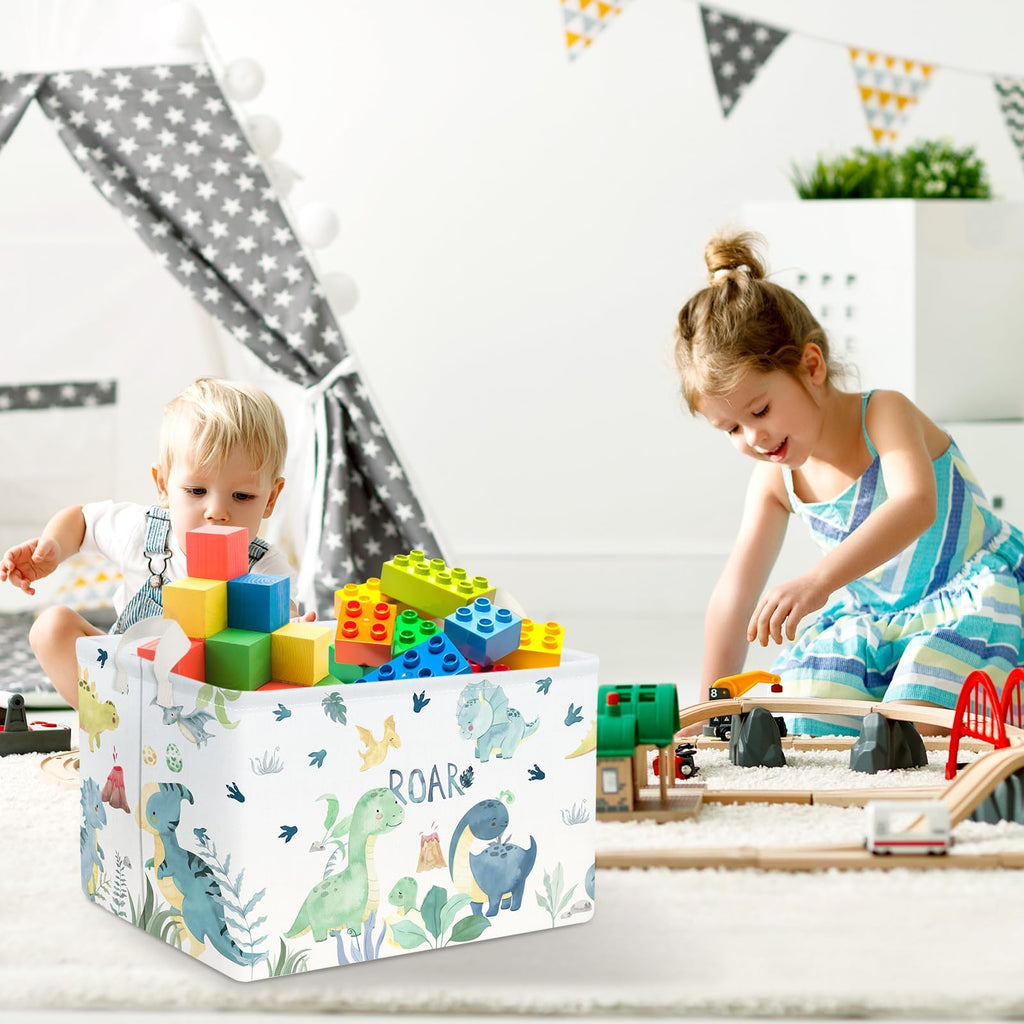 Clastyle Adorable Watercolors Green Dinosaur Shelf Basket Volcano Palm Leaf Collapsible Storage Bin Rectangle Clothes Books Toy Storage Cube, 21L