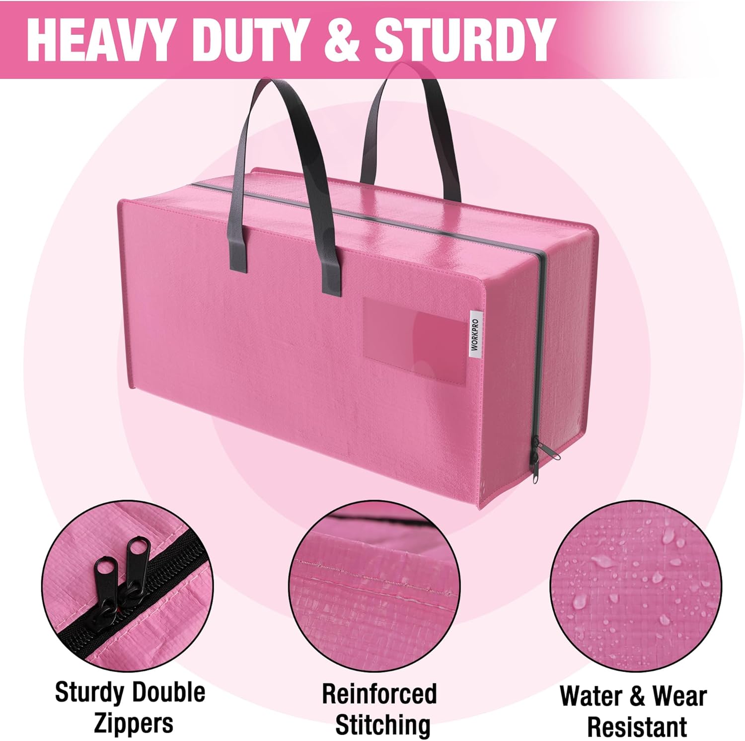 WORKPRO Extra Large Moving Bags - Heavy-Duty Storage Totes with Zippers & Backpack Straps | 6 Pack (Pink)