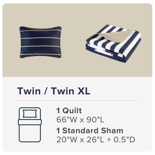 Comfort Spaces Quilt Set Trendy Casual Fun, Vibrant Color Design, Hypoallergenic All Season, Lightweight Coverlet Bedspread Cozy Kids Bedding & Sham Twin/Twin XL Verone White Blue Stripe 2 Piece