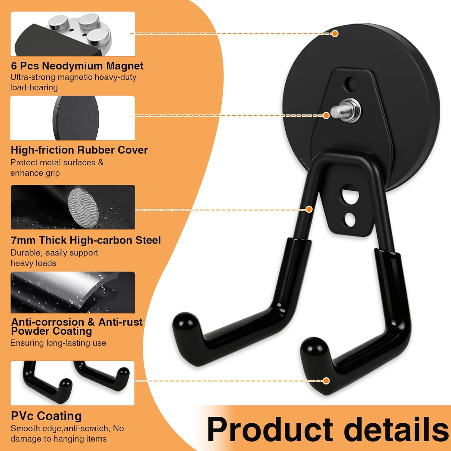 Skiennix Heavy Duty Magnet Hooks - No Damage Rubber Coated Design | 4 Pack in Orange & Black