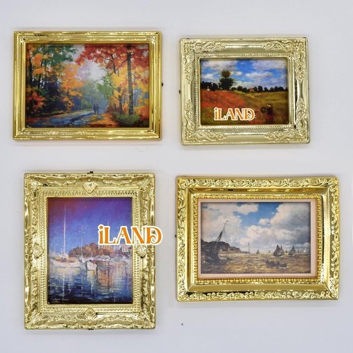 iLAND Miniature Dollhouse Accessories - 1:12 Scale Furniture Set with 4 Classic Golden Frames & Pictures