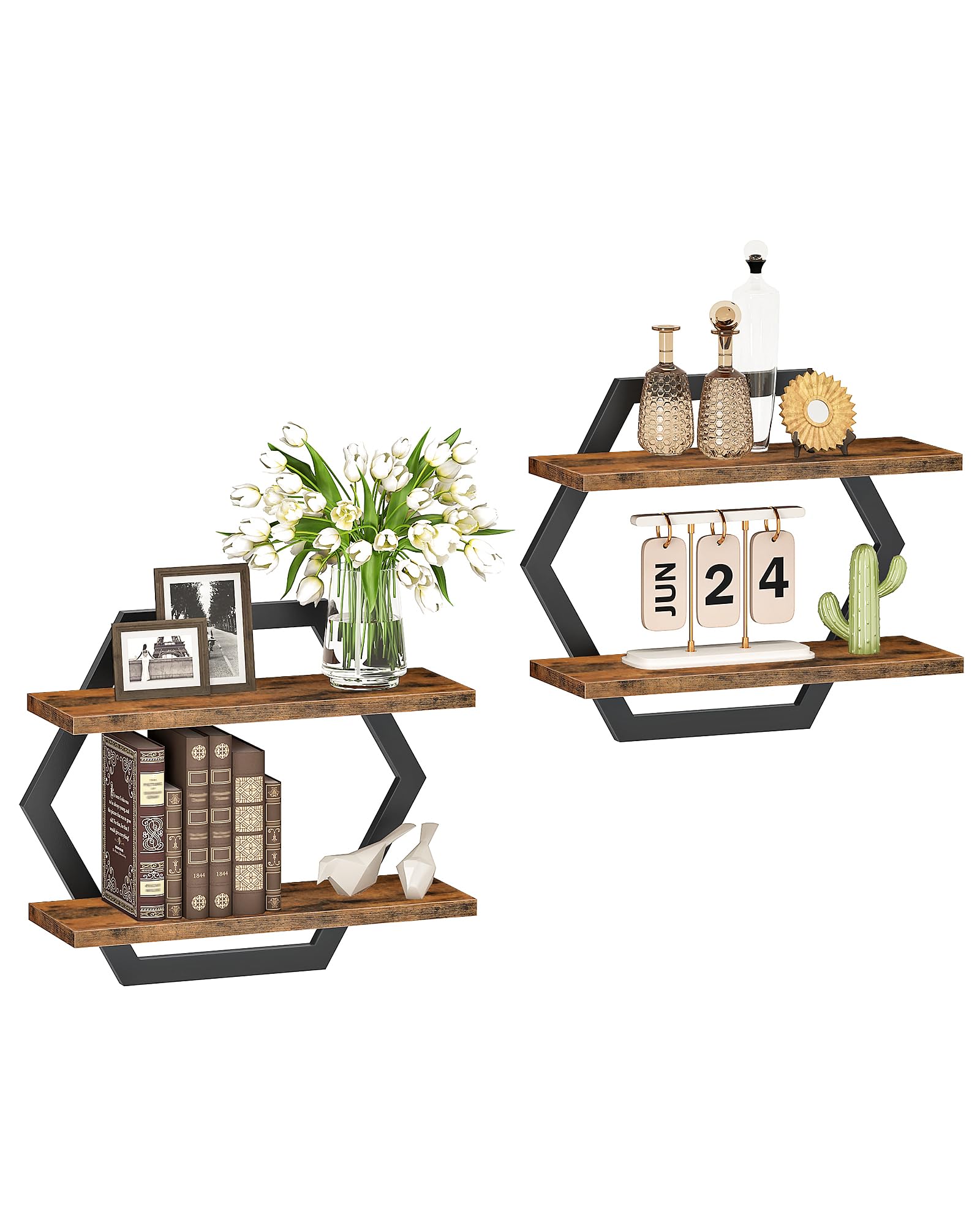 CHOEZON Hexagon Floating Shelves for Wall, Set of 2, 2 -Tier Hanging Shelves, Wall Mounted Storage Shelves, for Living Room, Bedroom, Kitchen, Home Office, Study, Rustic Brown and Black TBJ06P2BF