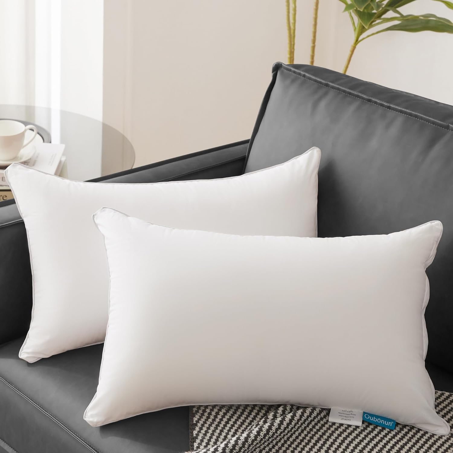 Oubonun Lumbar Pillow Set of 2 - 100% Cotton Decorative Rectangle Inserts - White Sofa Pillows
