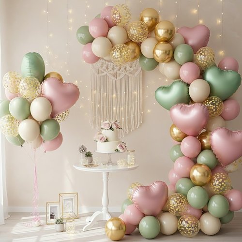 Pink and Green Balloons, 12 Inch Retro Sage Green Pink Nude Metallic Gold Confetti Balloons with Heart Foil Balloon for Girls Jungle Woodland Birthday Safari Baby Shower Party Decorations
