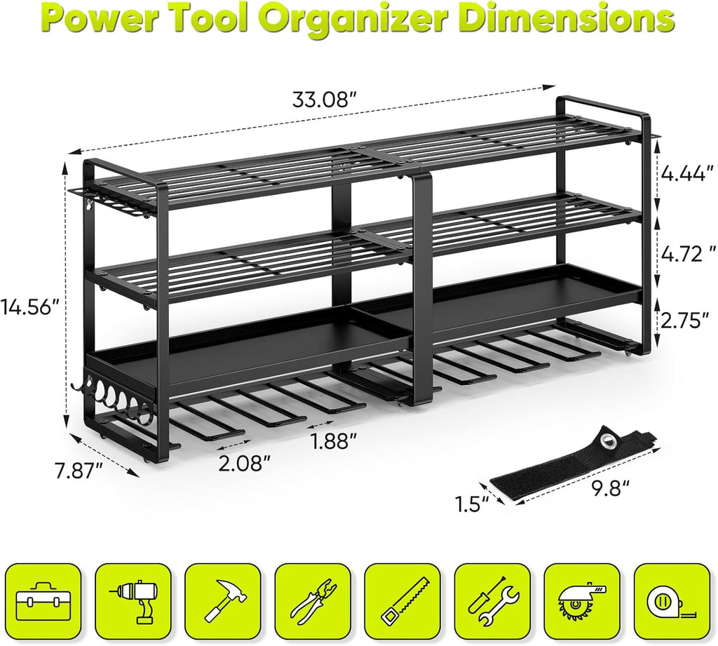POKIPO 33" W Heavy-Duty Power Tool Organizer - 400 lbs Capacity, 8 Drills Holder & 4-Tier Battery Storage for Garage