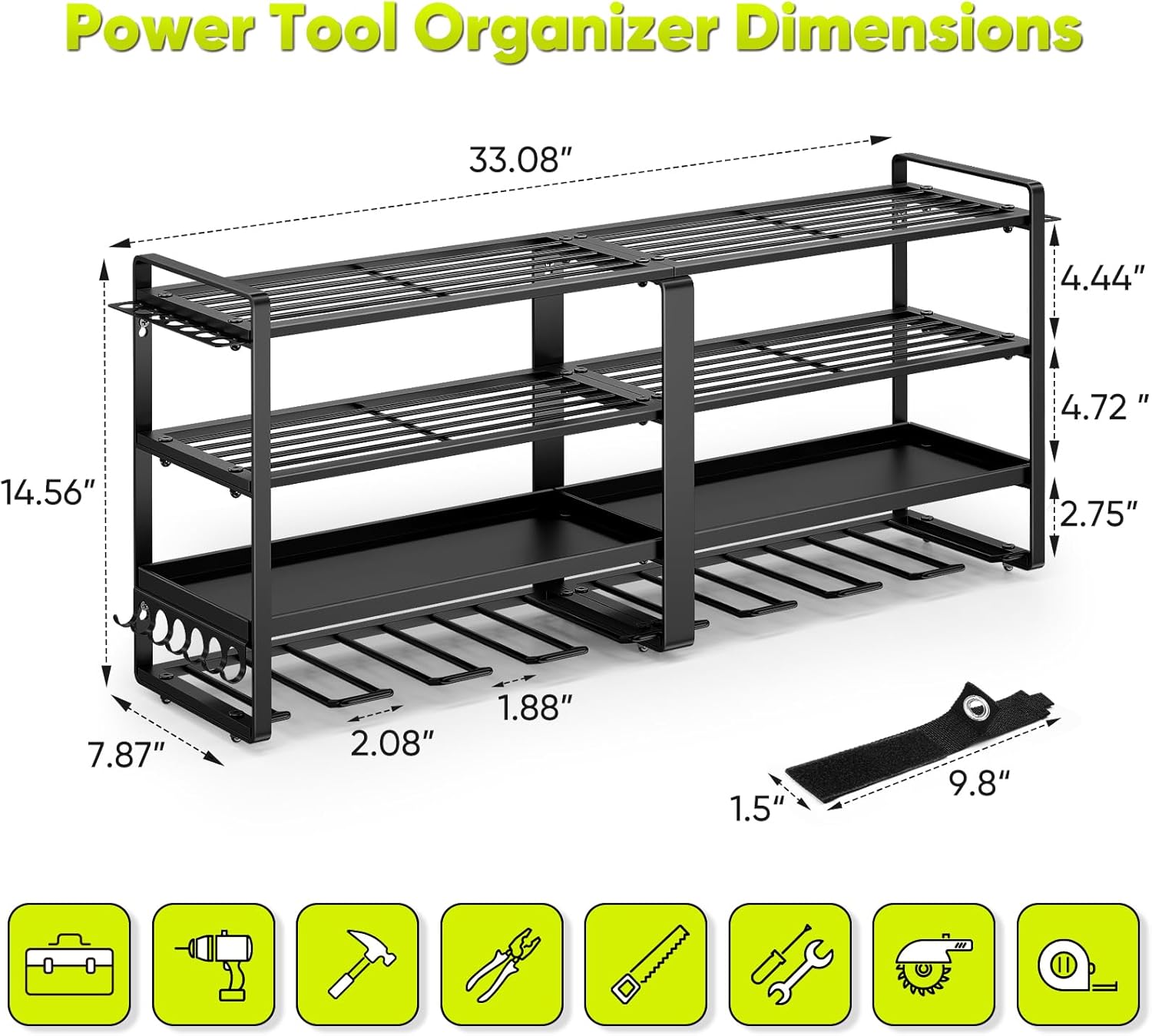 POKIPO Heavy-Duty 33" Power Tool Organizer - Wall Mount for 8 Drills | 400 lbs Capacity, 4-Tier Storage Solution