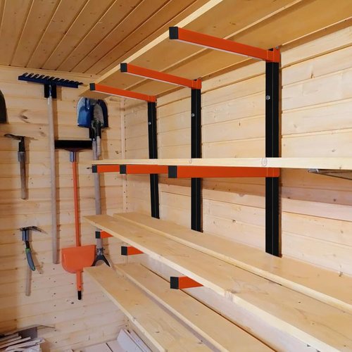 Lumber Rack - Wall-Mounted Storage Solution | Metal Wood Organizer with 3 Levers | 2 Pack, Orange