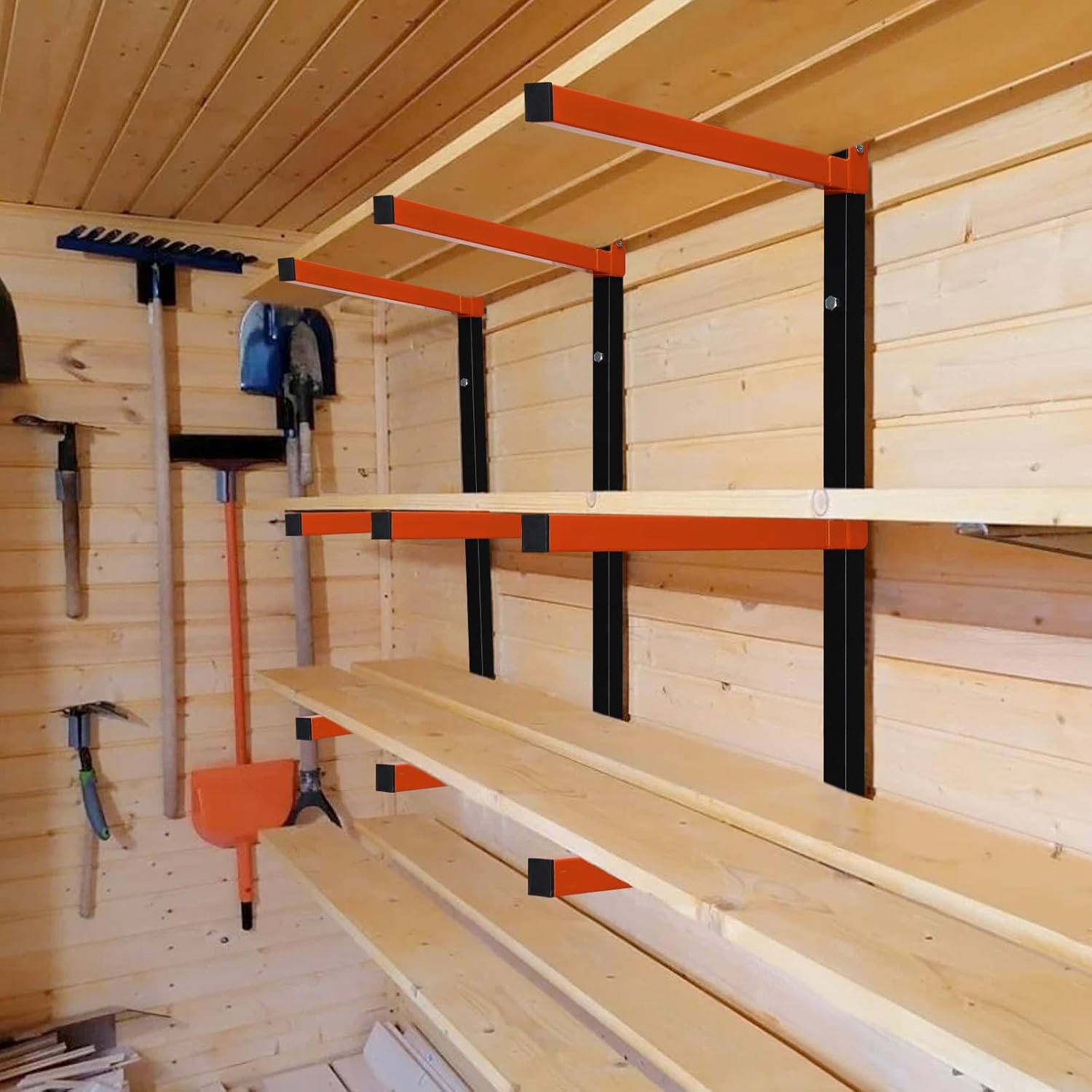 Metal Lumber Rack by [Brand Name] - Wall-Mounted Wood Storage Organizer | 4 Pack, Indoor & Outdoor Use, Orange