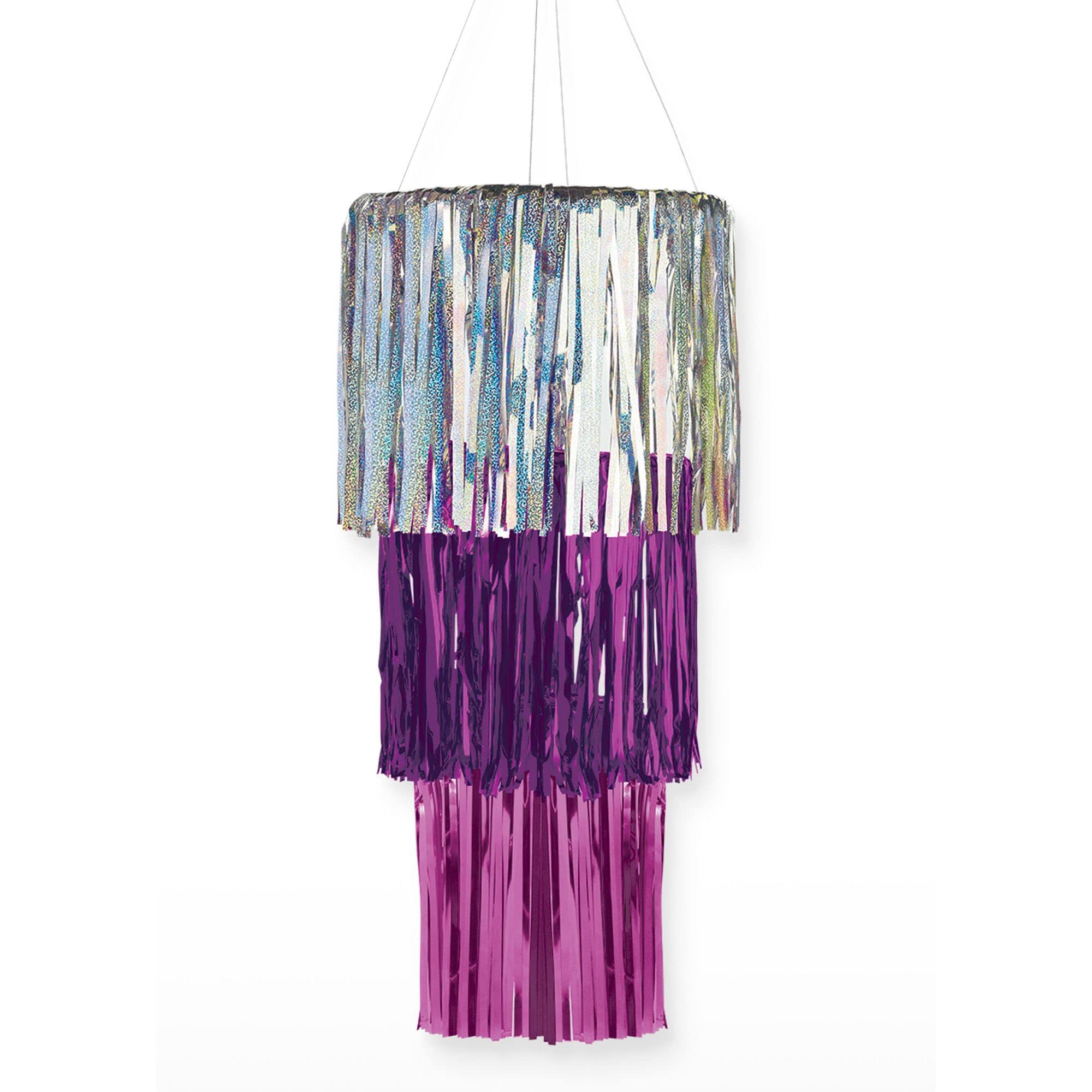 Dazzling Sparkle Fringe Chandelier Decoration - 12" - Foil Tinsel Delight in Silver, Purple & Pink Colors - Perfect for Candy Buffets & Exclusive Dinner Tables (1 Pc.)