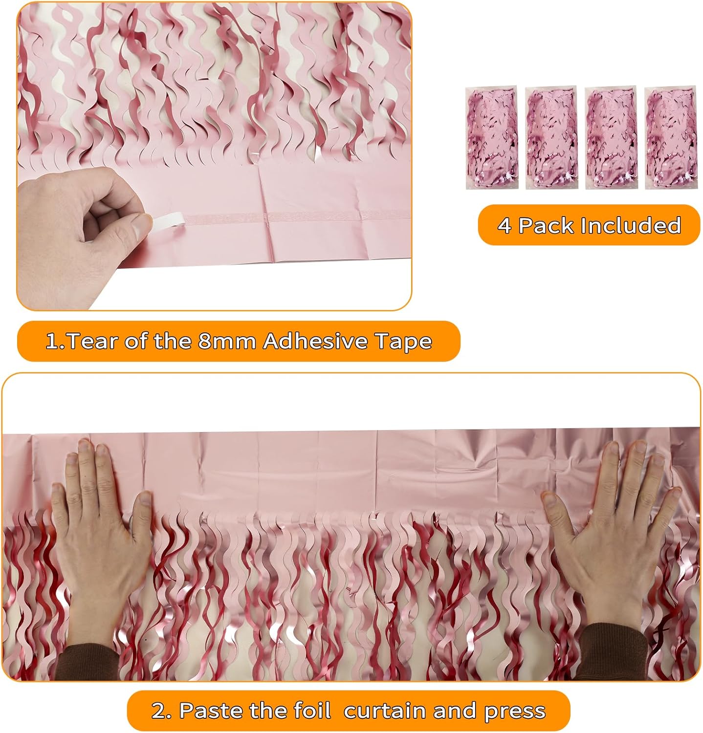 Pink Tinsel Curtain Backdrop by [Brand Name] - 4 Pack Wavy Foil Fringe for Princess Bachelorette Parties
