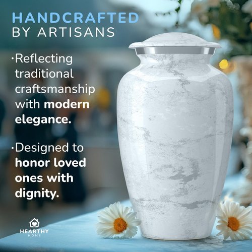 Large Handcrafted Urn for Ashes Adult Male and Female - Cremation Urns for Human Ashes Adult Man and Woman - Decorative Funeral Urns - Memorial Urn with White Marble Finish - Large (10.5" H x 6.25" W)