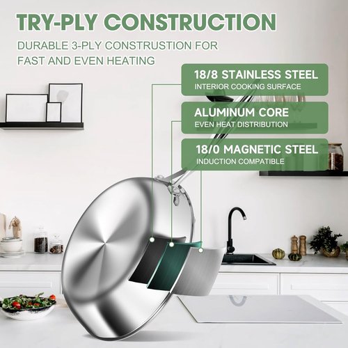 3 Ply Stainless Steel Cookware Set - 11-Piece Kitchen Set with Lids | Non-Toxic, Induction & Dishwasher Safe