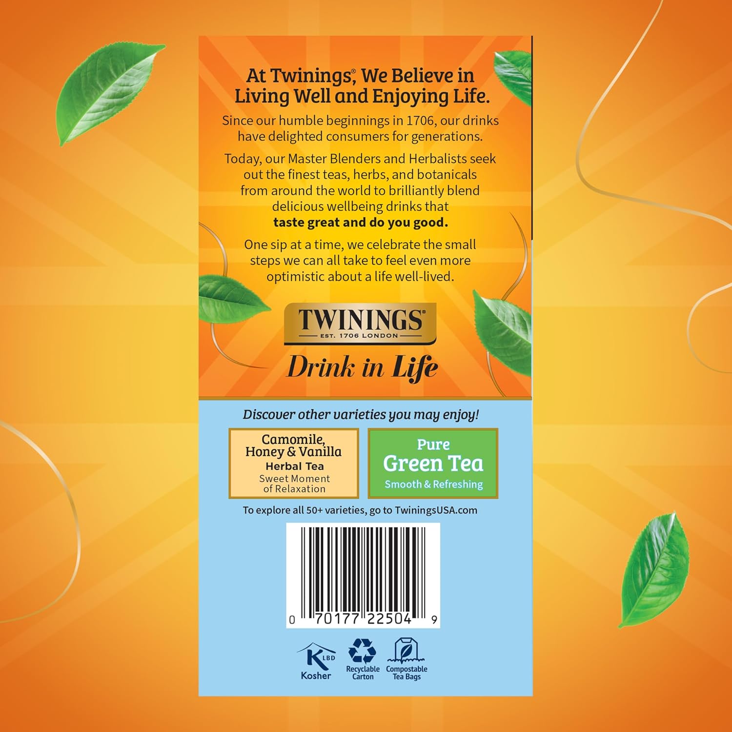 Twinings Pure Camomile Herbal Tea - Caffeine-Free, 50 Individually Wrapped Bags | Pack of 6, Perfect Hot or Iced
