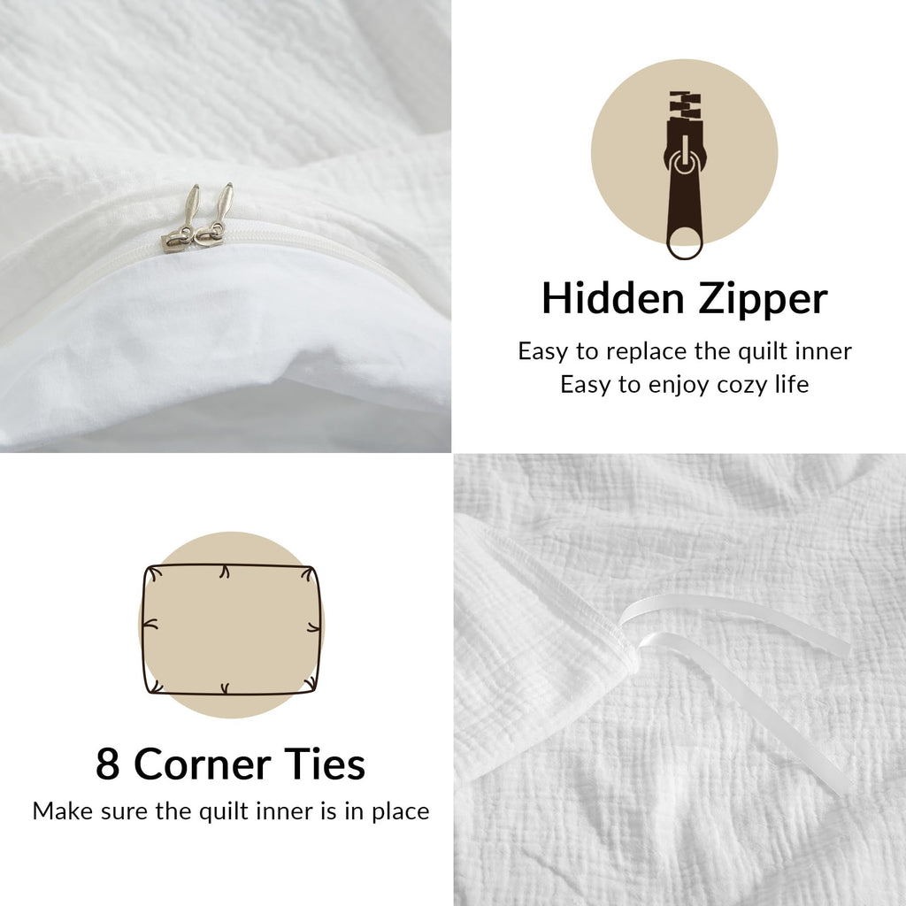 Bailix Muslin Duvet Cover Set Queen Size, 100% Washed Cotton Gauze Duvet Cover for All Seasons, Linen Like, 3 PCS, 1 Fluffy Duvet Cover(90"x90") with 2 Pillow Shams(20"x26"), White
