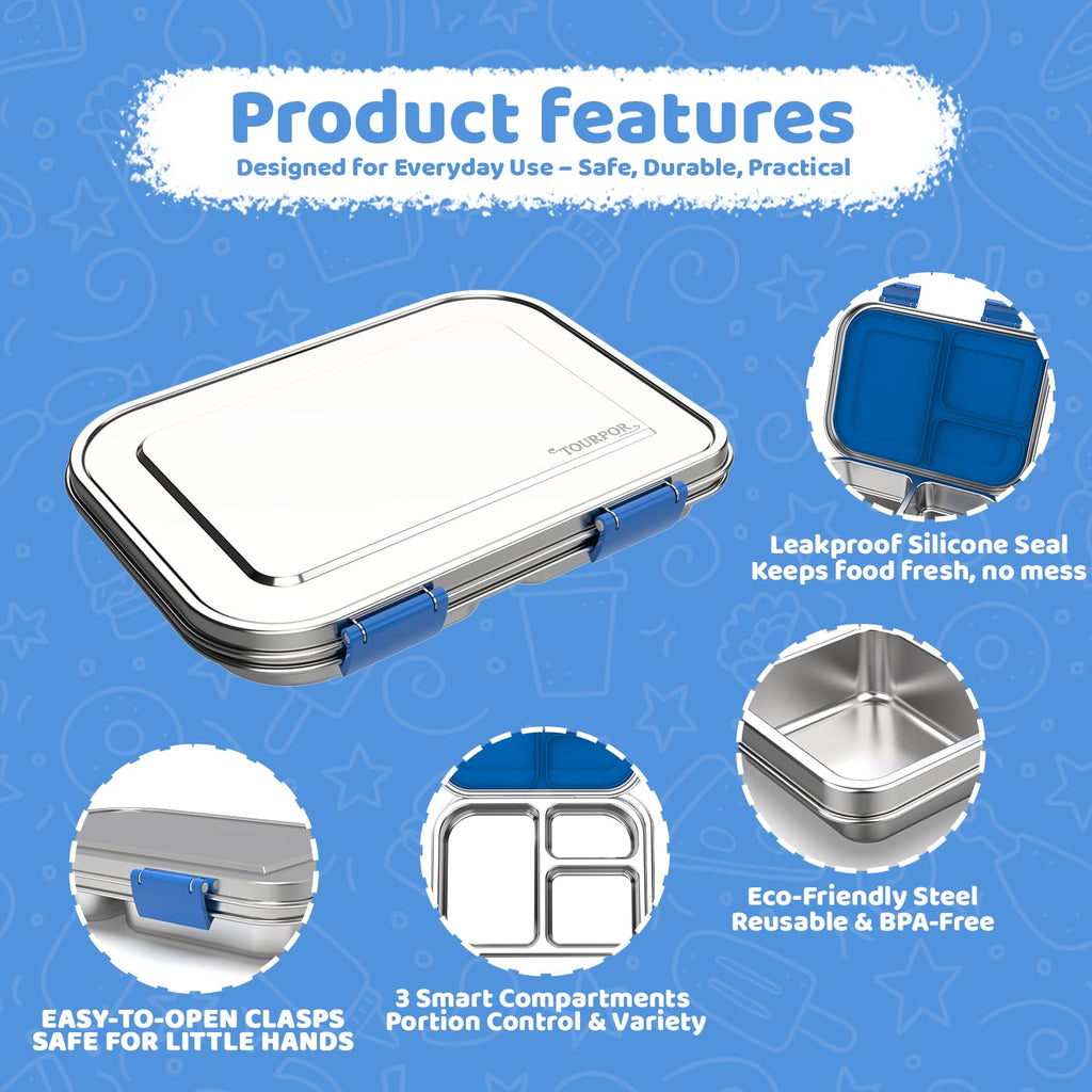 TOURPOR Stainless Steel Bento Box for Kids 1000ml - 3 Compartment Lunch Box for Adults, Leakproof Food Container, BPA-Free Metal Lunch Box with Silicone Seal, Eco-Friendly/Dishwasher Safe (Blue)