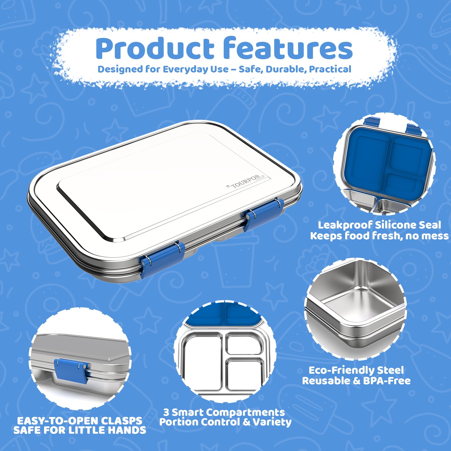 TOURPOR Stainless Steel Bento Box for Kids 1000ml - 3 Compartment Lunch Box for Adults, Leakproof Food Container, BPA-Free Metal Lunch Box with Silicone Seal, Eco-Friendly/Dishwasher Safe (Blue)