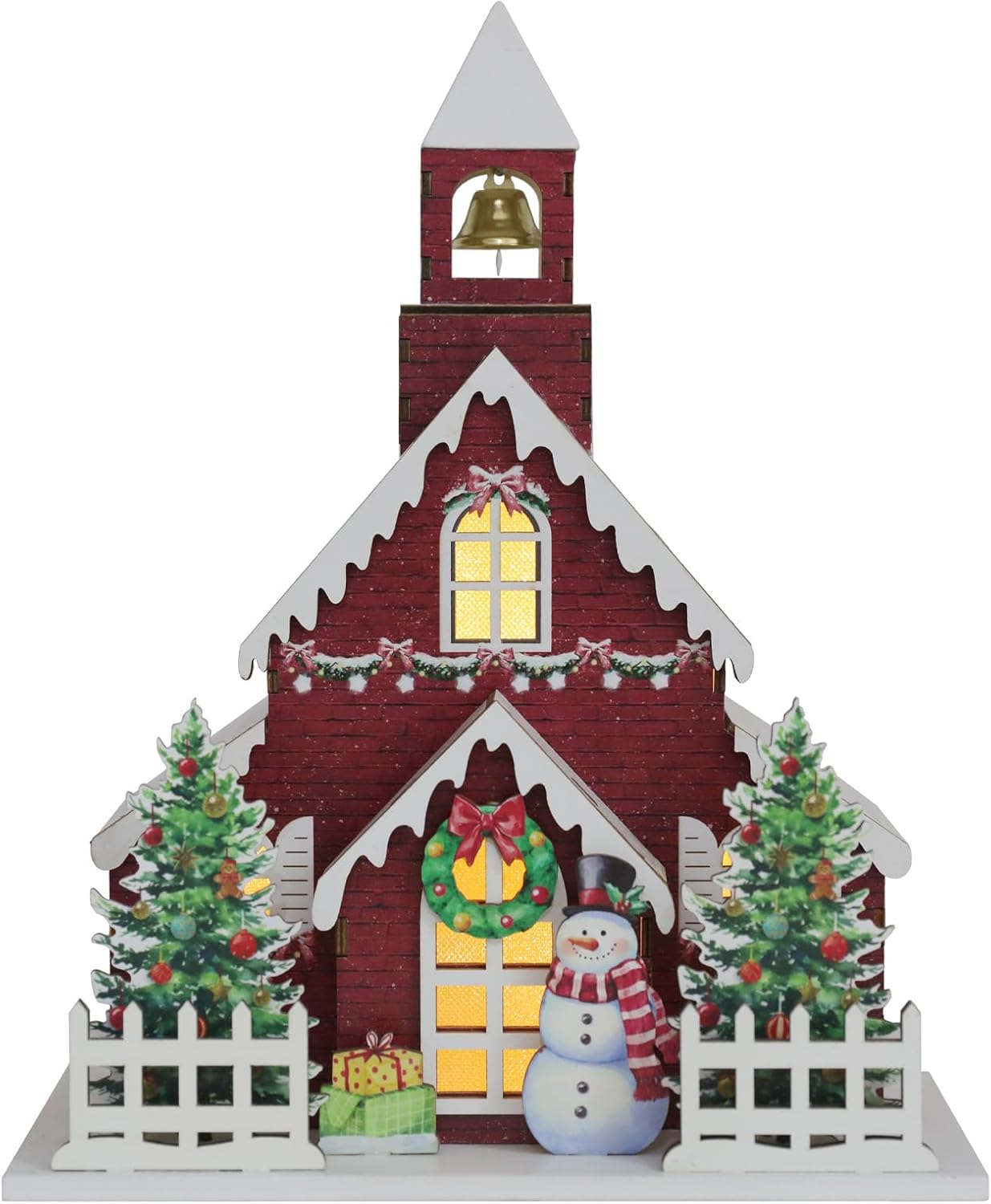 Wooden Lighted Christmas Church Decor | 11.8” Xmas Village Chapel with LED Lights & Snowman