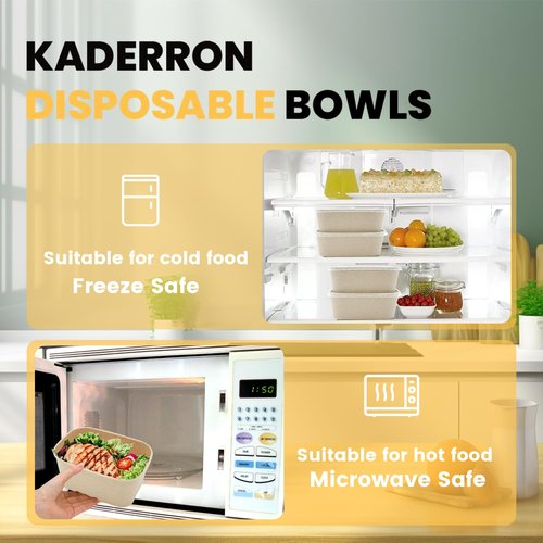 Kaderron 50 Pack 32 OZ Large Paper Bowls with Lids, Heavy Duty Disposable Compostable Container for Party, Disposable Bowls Bulk Soak-Proof and Microwave Safe for Hot/Cold Use(32OZ-50PACK)