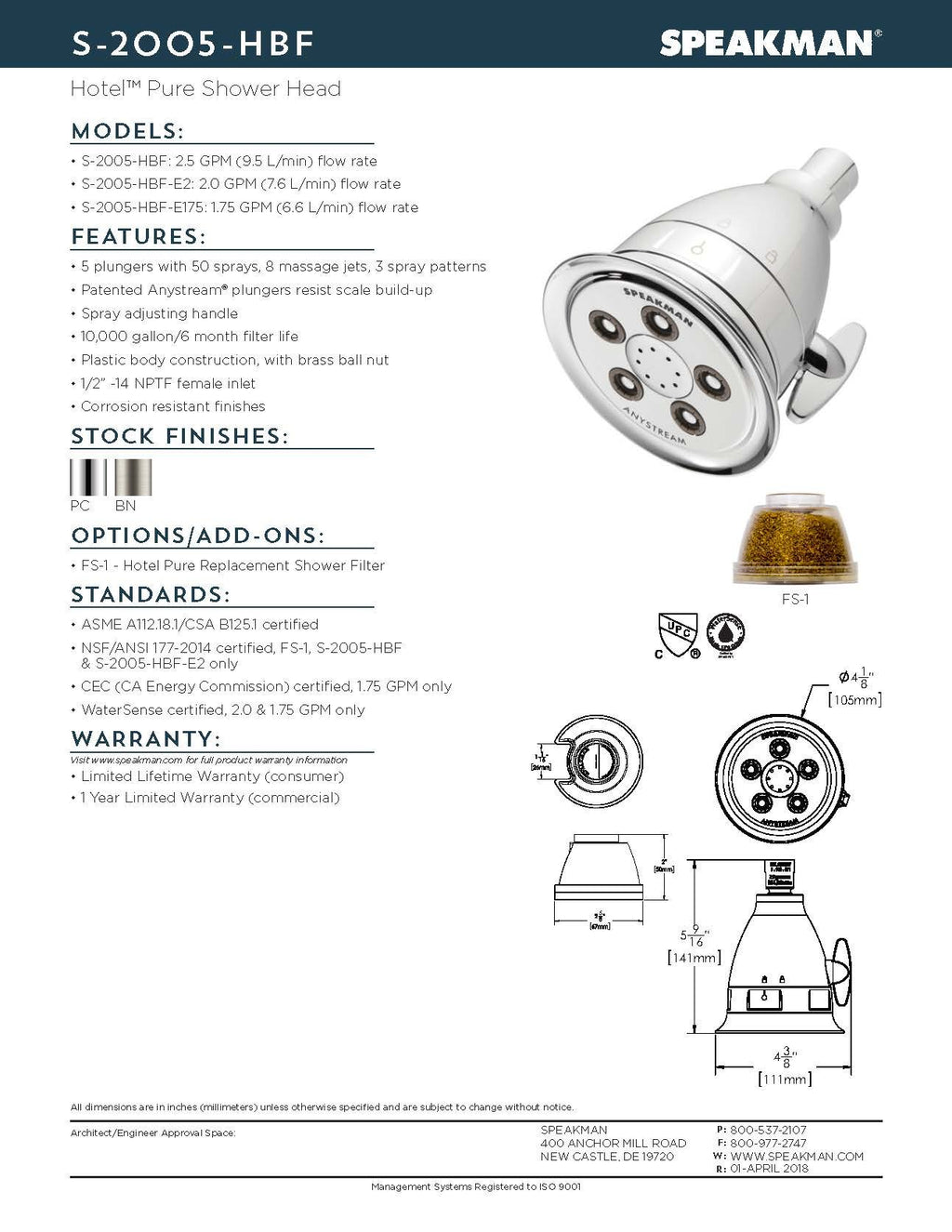 Speakman FS-1 Hotel Replacement Shower Filter for Pure and Clean Bathing Experience, Clear