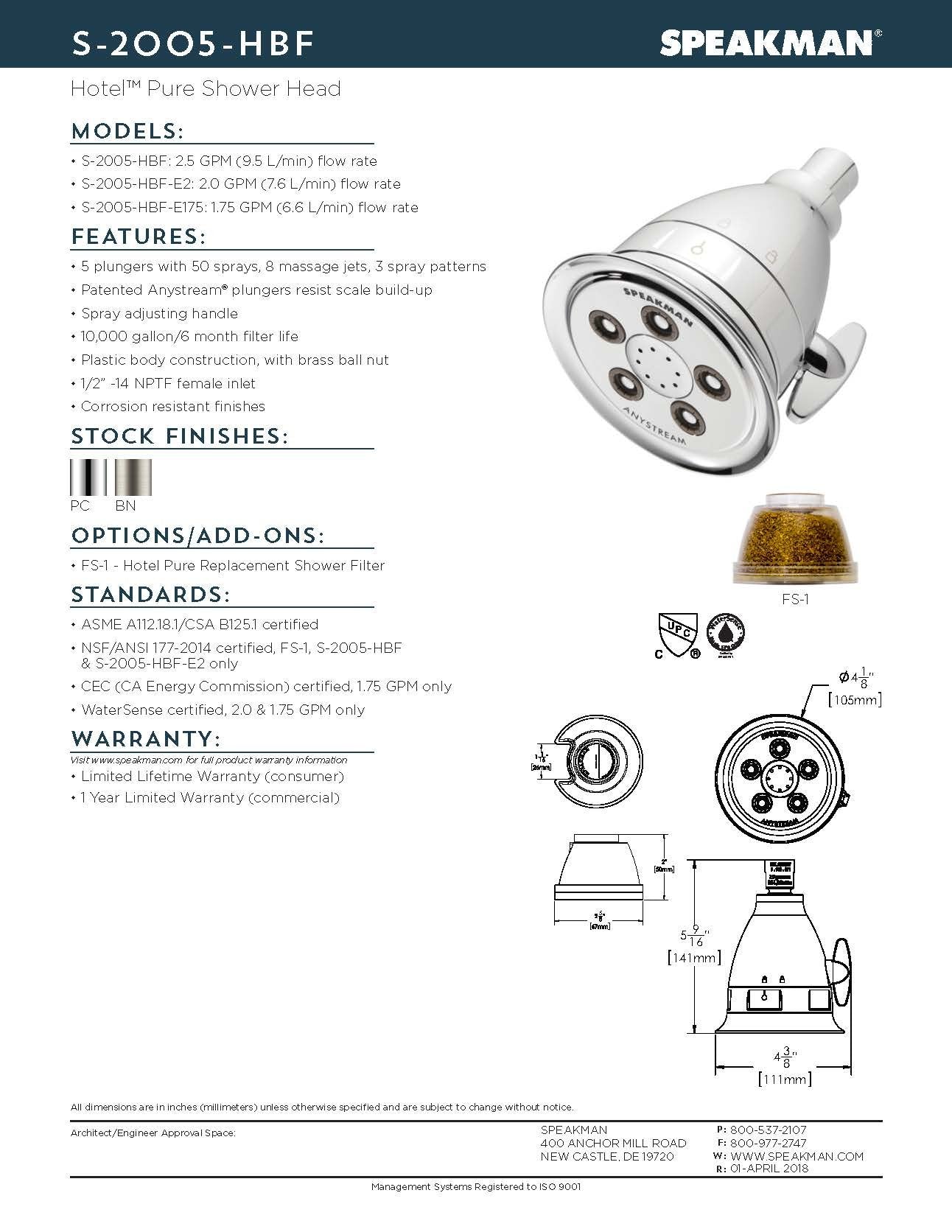 Speakman FS-1 Hotel Replacement Shower Filter for Pure and Clean Bathing Experience, Clear