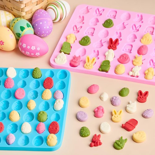 Puyeipt 2 PCS Easter Silicone Molds, 54 Cavity Mini Easter Bunny Mold & 77 Cavity Easter Egg Mold, Easter Rabbit Molds for Candy, Chocolate, Gummy, Cupcake Decor