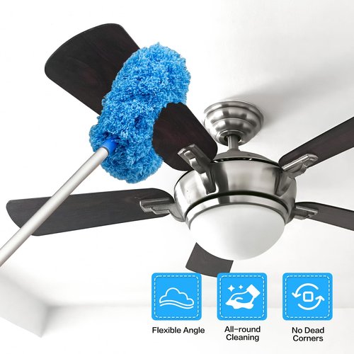 Ceiling Fan Cleaner Duster Reusable Microfiber Ceiling Fan Blade Cleaner Removable Duster with Extension Pole Adjusts 13 to 49.7 Inch for Cleaning Walls Bookshelves Furniture Door Window Top (Blue)