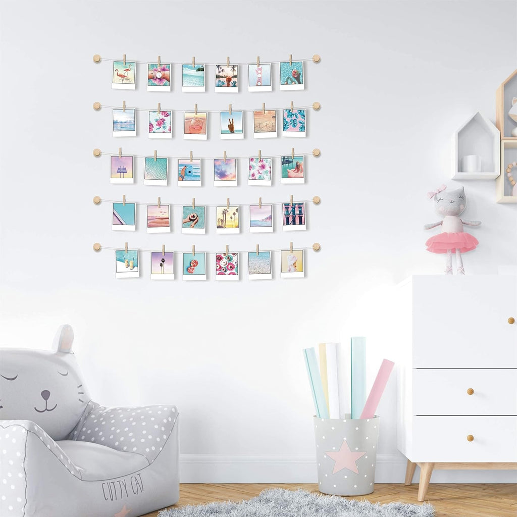 PhotoWall Hanging Photo Display | Sculptural Picture Frames Collage - 5 Strings, 30 Clips, 3M Hooks - 30 x 30 Inch