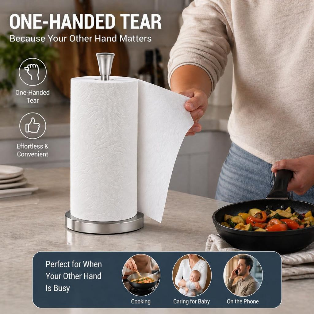Paper Towel Holder Countertop with Suction Cups - Heavy Duty (2.9 lbs) Stainless Steel Paper Towel Dispenser, One-Hand Tear for Kitchen, Fits Standard & Mega Rolls