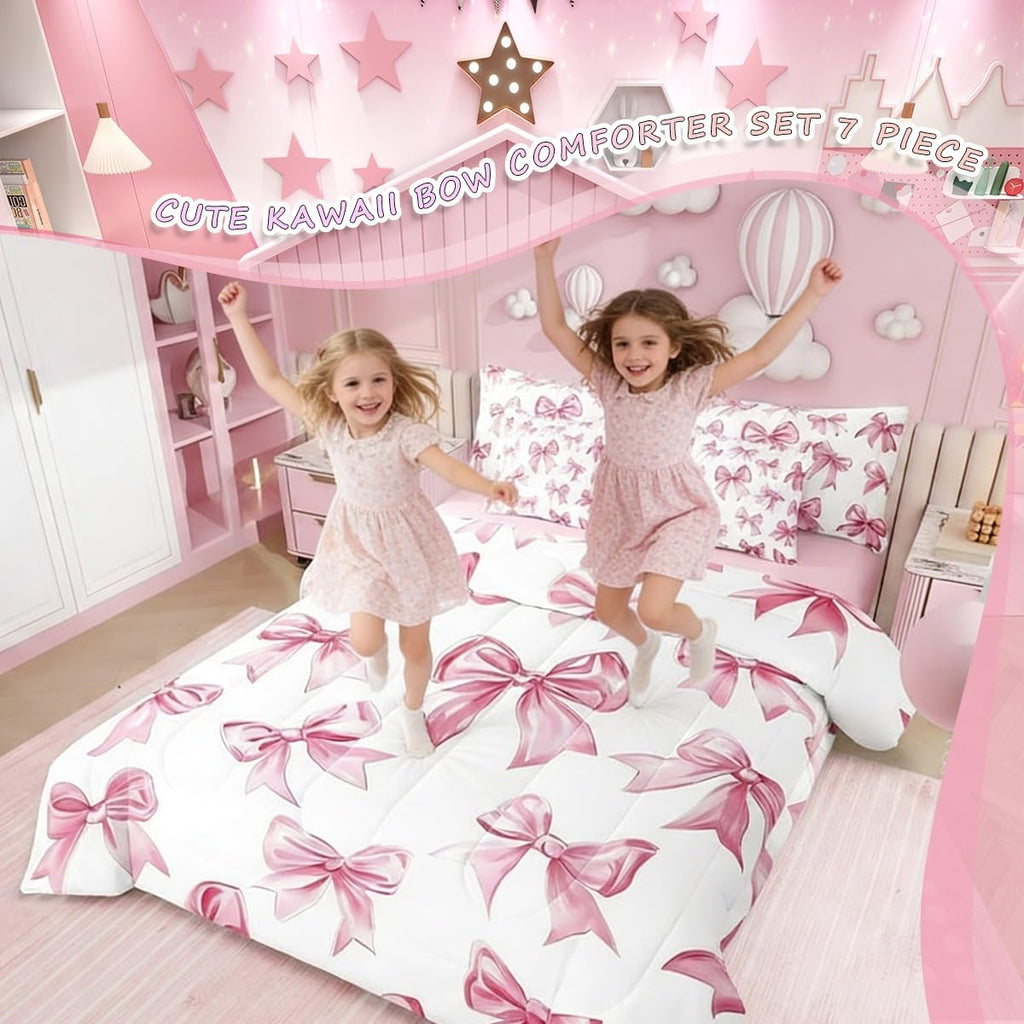 Erosebridal Kawaii Bowknot Girls Bed in A Bag with Sheets Dreamy Princess Style Full Comforter Set 7 Piece for Kids Teen Women,Girly Cute Bow Bedding Set Pink Bow Tie Bed Set Bedroom Decor