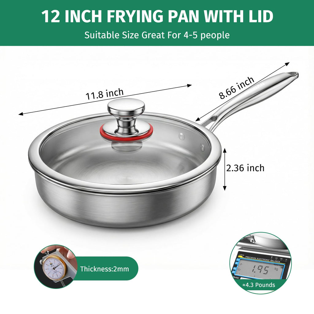 KEGDAN 12 Inch Stainless Steel Pan, 5pcs Tri-Ply Stainless Steel Frying Pan with Lid, Dishwasher & Oven Safe, Induction Cooking Skillets, Fast & Even Heat and Detachable Handle