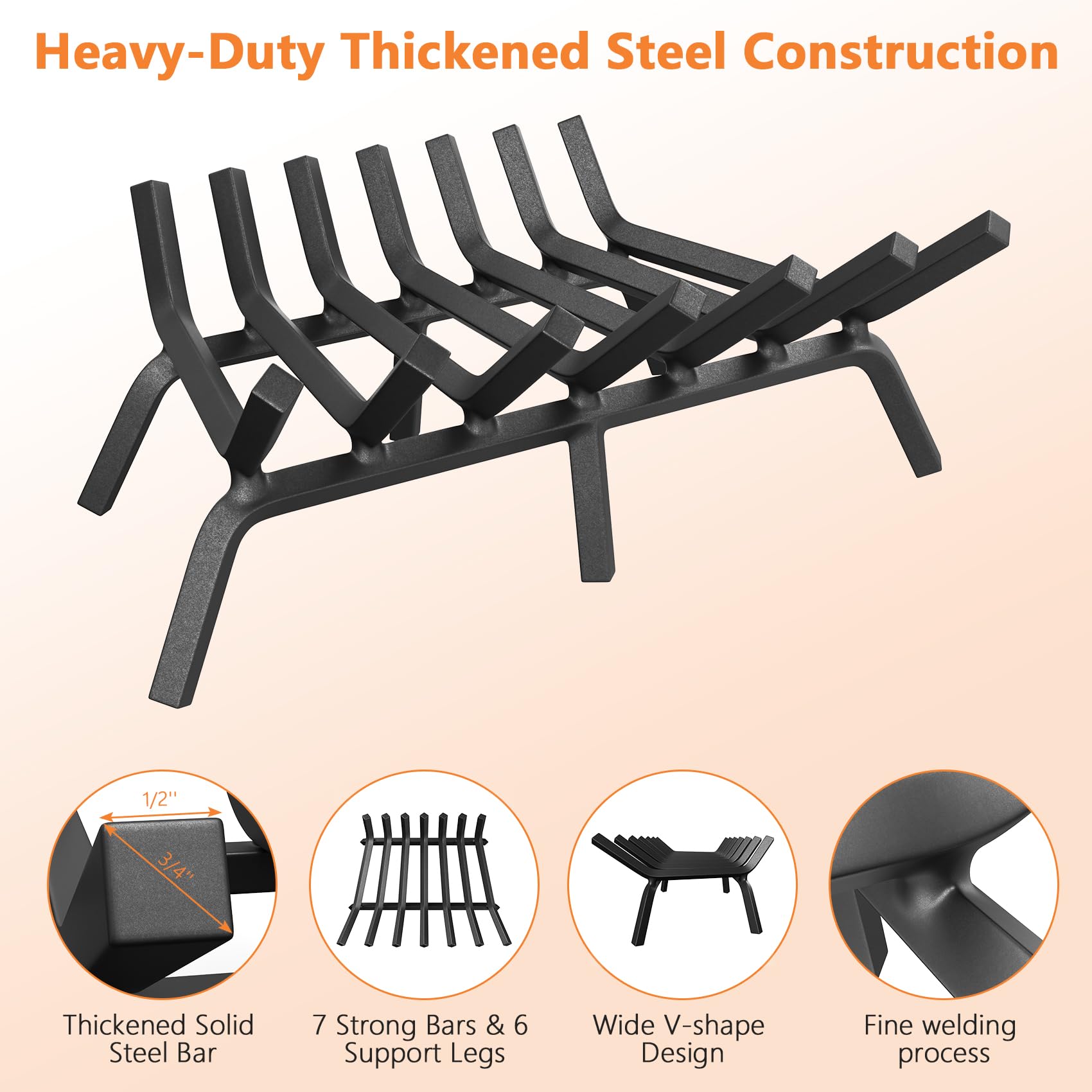 HYTXEN Fireplace Grate 24 Inch, Fireplace Grates Heavy Duty Cast Iron Solid Steel 7 Bars Fire Pit Grate with 6 Support Legs, Fireplace Log Grate Outdoor Indoor Wrought Iron Wood Burning Rack
